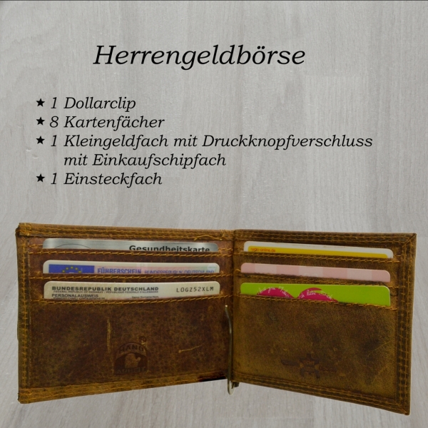 flevado Leder Dollarclip, Dollar-Clip Geldbörse Hand Made Portemonnaie mit Münzfach Büffelleder Wild